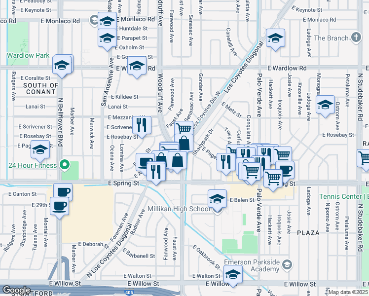 map of restaurants, bars, coffee shops, grocery stores, and more near 3120 N Los Coyotes Diagonal in Long Beach
