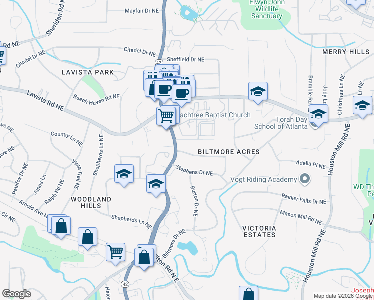 map of restaurants, bars, coffee shops, grocery stores, and more near 1384 Lively Ridge Road Northeast in Atlanta