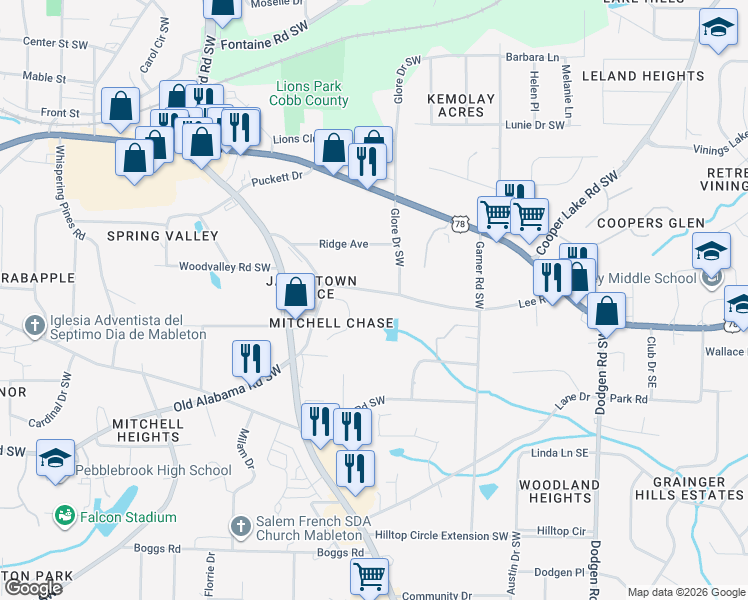 map of restaurants, bars, coffee shops, grocery stores, and more near 489 Lee Road in Mableton