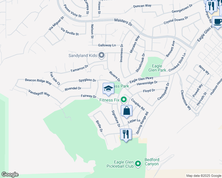 map of restaurants, bars, coffee shops, grocery stores, and more near 1790 Spyglass Drive in Corona