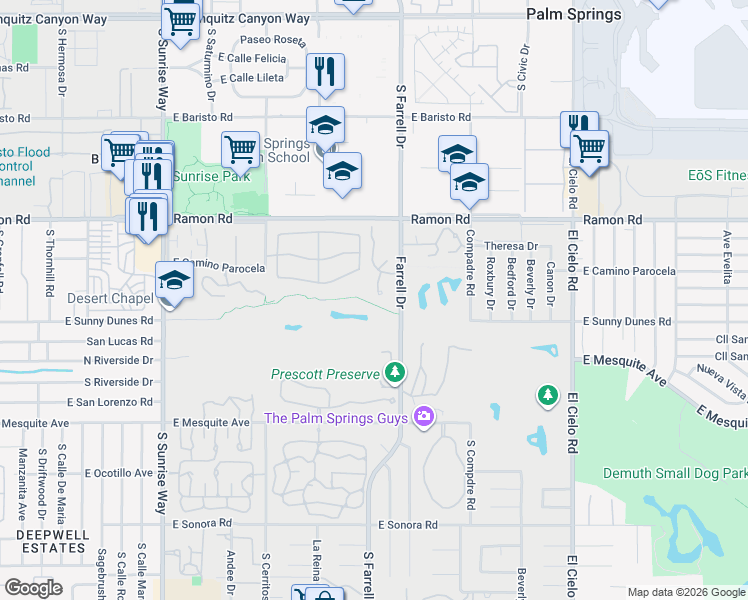 map of restaurants, bars, coffee shops, grocery stores, and more near 505 South Farrell Drive in Palm Springs