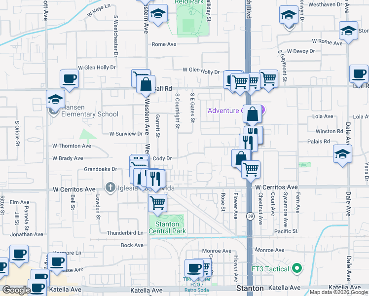 map of restaurants, bars, coffee shops, grocery stores, and more near 10291 Wyatt Road in Stanton