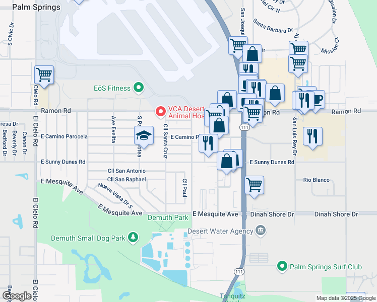 map of restaurants, bars, coffee shops, grocery stores, and more near 4492 East Camino San Miguel in Palm Springs