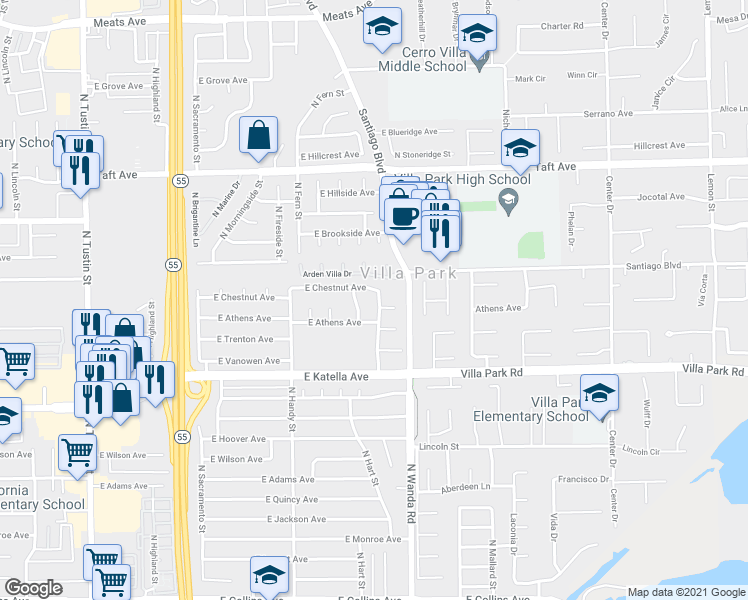 map of restaurants, bars, coffee shops, grocery stores, and more near 1544 North Harding Street in Orange