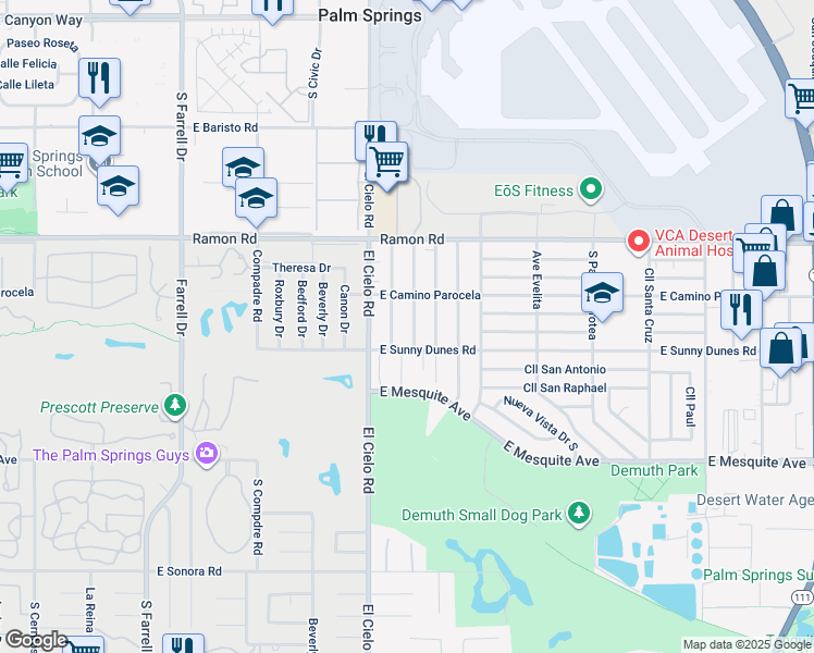 map of restaurants, bars, coffee shops, grocery stores, and more near 657 Highland Drive in Palm Springs