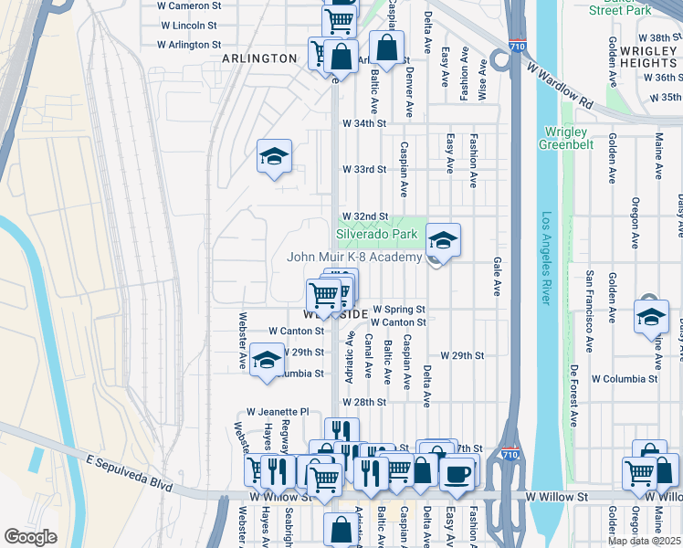 map of restaurants, bars, coffee shops, grocery stores, and more near 3036 Santa Fe Avenue in Long Beach