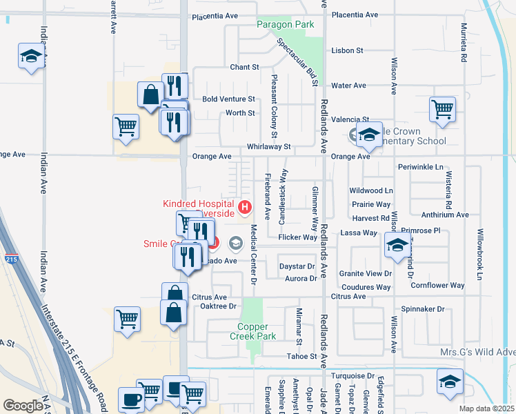 map of restaurants, bars, coffee shops, grocery stores, and more near 2241 Medical Center Drive in Perris