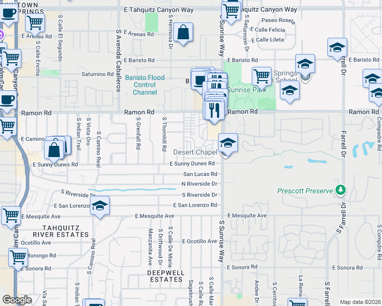 map of restaurants, bars, coffee shops, grocery stores, and more near 191 Geronimo Street in Palm Springs
