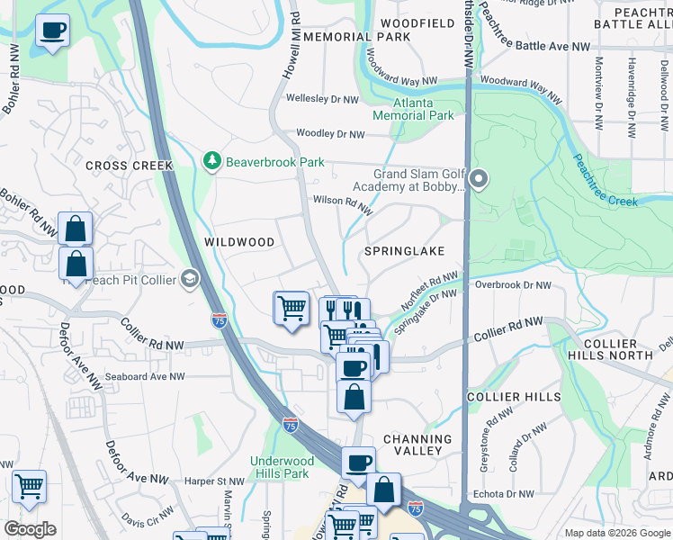 map of restaurants, bars, coffee shops, grocery stores, and more near 2113 Howell Mill Road Northwest in Atlanta
