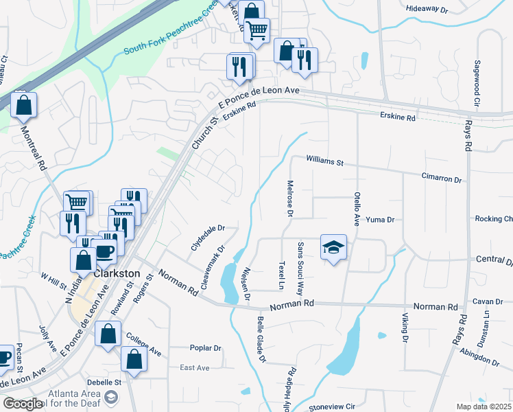 map of restaurants, bars, coffee shops, grocery stores, and more near 1150 Reilly Lane in Clarkston