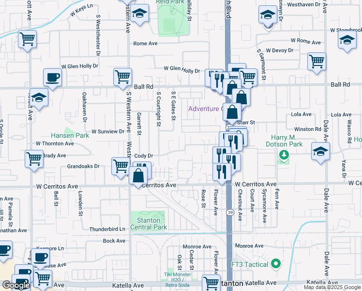 map of restaurants, bars, coffee shops, grocery stores, and more near 10291 Sentry Drive in Stanton