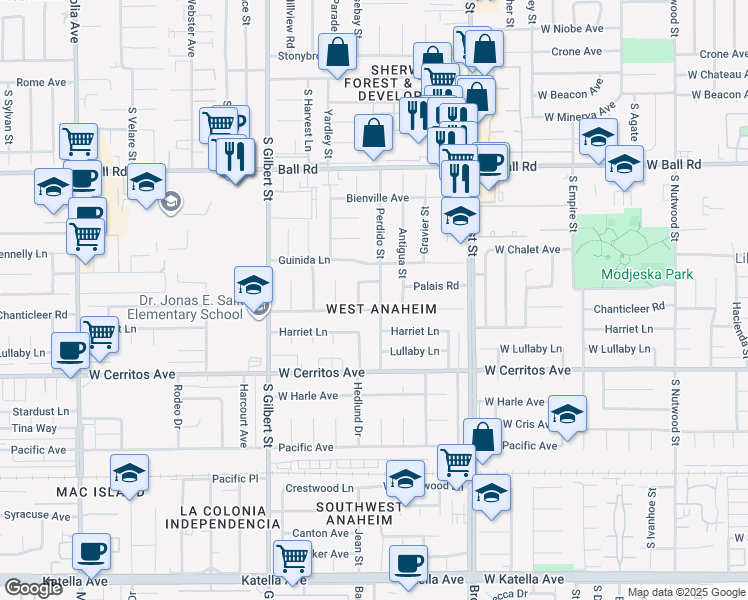 map of restaurants, bars, coffee shops, grocery stores, and more near 10301 Perdido Street in Anaheim