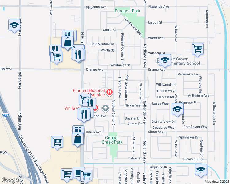 map of restaurants, bars, coffee shops, grocery stores, and more near 2241 Medical Center Drive in Perris