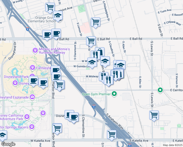 map of restaurants, bars, coffee shops, grocery stores, and more near 100 West Midway Drive in Anaheim
