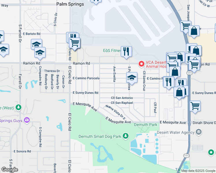 map of restaurants, bars, coffee shops, grocery stores, and more near 3830 East Camino San Miguel in Palm Springs