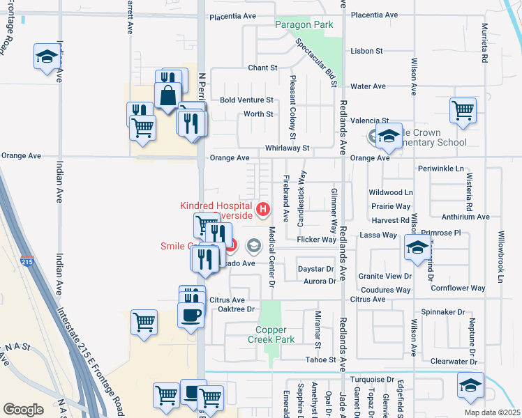 map of restaurants, bars, coffee shops, grocery stores, and more near 2239 Autumn Court in Perris