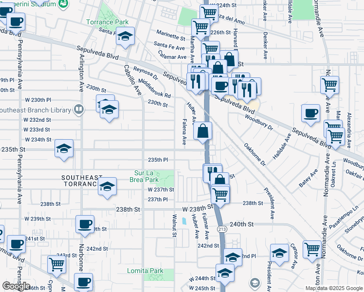 map of restaurants, bars, coffee shops, grocery stores, and more near 23415 Falena Avenue in Torrance