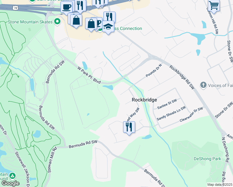 map of restaurants, bars, coffee shops, grocery stores, and more near 5399 Pounds Drive North in Stone Mountain
