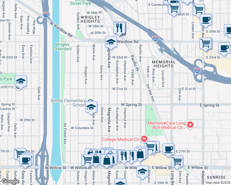 map of restaurants, bars, coffee shops, grocery stores, and more near 3075 Eucalyptus Avenue in Long Beach
