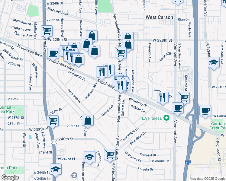 map of restaurants, bars, coffee shops, grocery stores, and more near 23291 Clearpool Place in Los Angeles