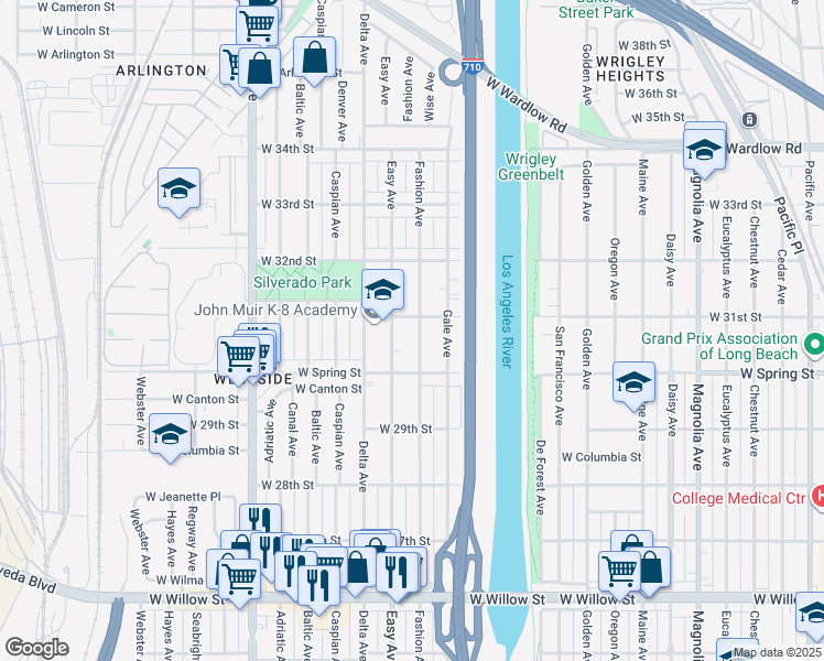 map of restaurants, bars, coffee shops, grocery stores, and more near 3079 Fashion Avenue in Long Beach
