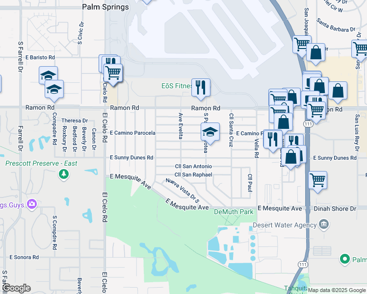 map of restaurants, bars, coffee shops, grocery stores, and more near 3930 East Camino San Miguel in Palm Springs
