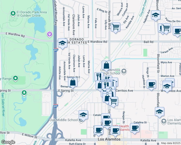 map of restaurants, bars, coffee shops, grocery stores, and more near 3116 Marna Avenue in Long Beach