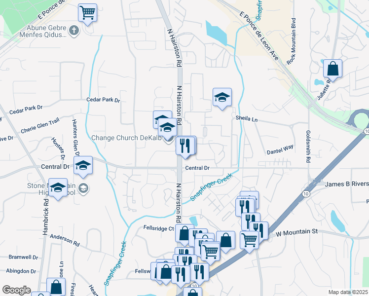 map of restaurants, bars, coffee shops, grocery stores, and more near 2 Summerview Drive in Stone Mountain
