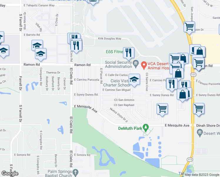 map of restaurants, bars, coffee shops, grocery stores, and more near 3830 East Camino San Miguel in Palm Springs