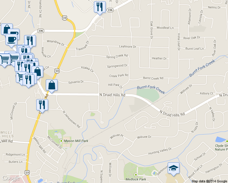 map of restaurants, bars, coffee shops, grocery stores, and more near 3276 N Druid Hills Rd in Decatur