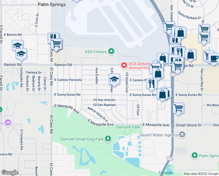 map of restaurants, bars, coffee shops, grocery stores, and more near 4078 East Camino San Miguel in Palm Springs