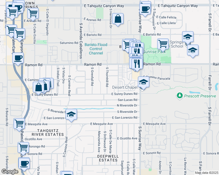 map of restaurants, bars, coffee shops, grocery stores, and more near 678 South Thornhill Road in Palm Springs