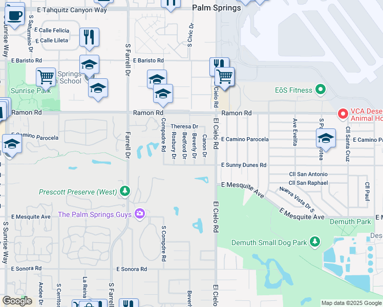 map of restaurants, bars, coffee shops, grocery stores, and more near 663 Beverly Drive in Palm Springs