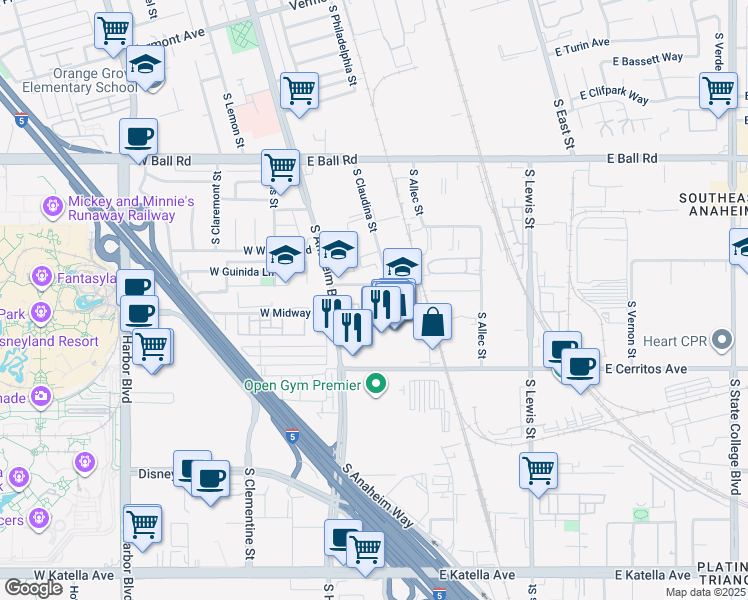 map of restaurants, bars, coffee shops, grocery stores, and more near 240 East Palais Road in Anaheim