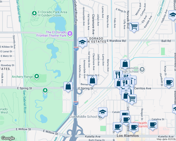map of restaurants, bars, coffee shops, grocery stores, and more near 3121 Val Verde Avenue in Long Beach