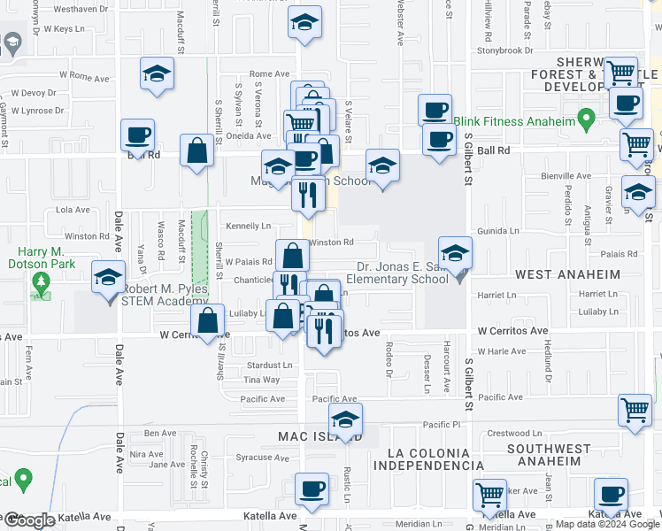 map of restaurants, bars, coffee shops, grocery stores, and more near 2533 West Chanticleer Road in Anaheim