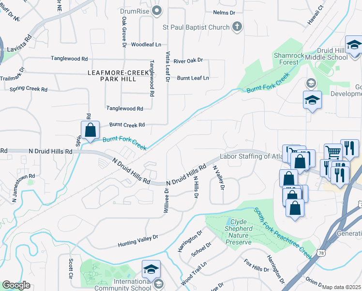 map of restaurants, bars, coffee shops, grocery stores, and more near 1165 Arbordale Drive in Decatur