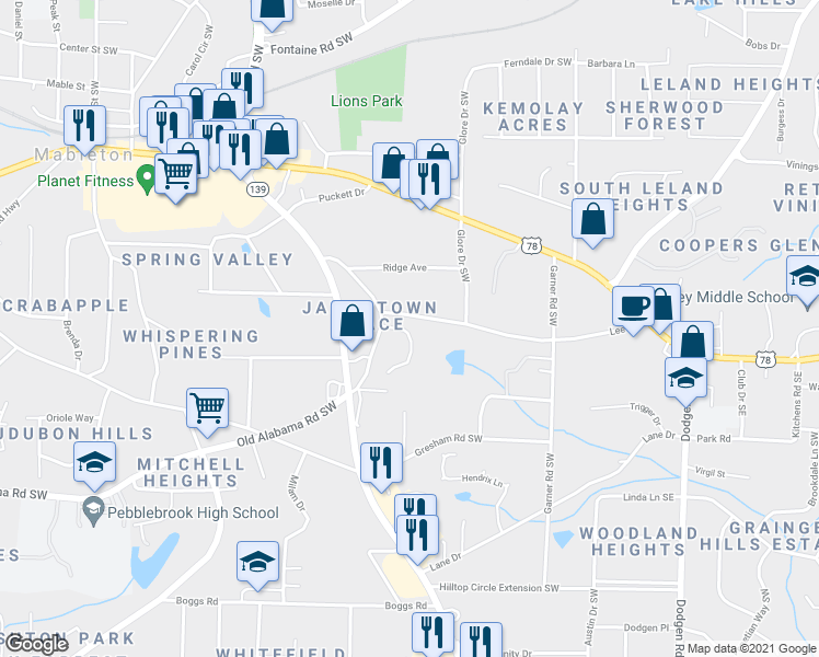map of restaurants, bars, coffee shops, grocery stores, and more near 5771 Mitchell Chase Trail in Mableton