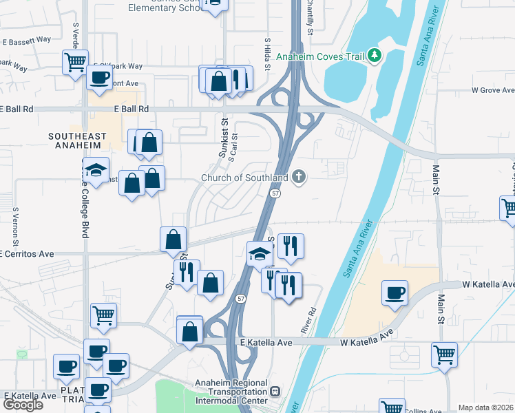 map of restaurants, bars, coffee shops, grocery stores, and more near in Anaheim