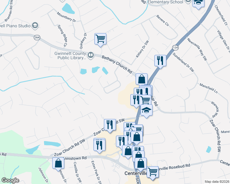 map of restaurants, bars, coffee shops, grocery stores, and more near 3308 Kessock Ridge Trail Southwest in Snellville