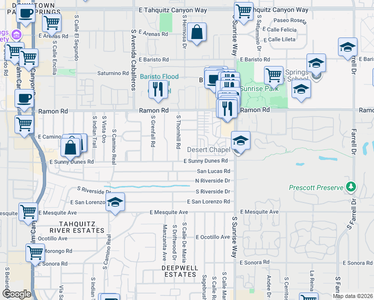 map of restaurants, bars, coffee shops, grocery stores, and more near 655 Dunes Court in Palm Springs