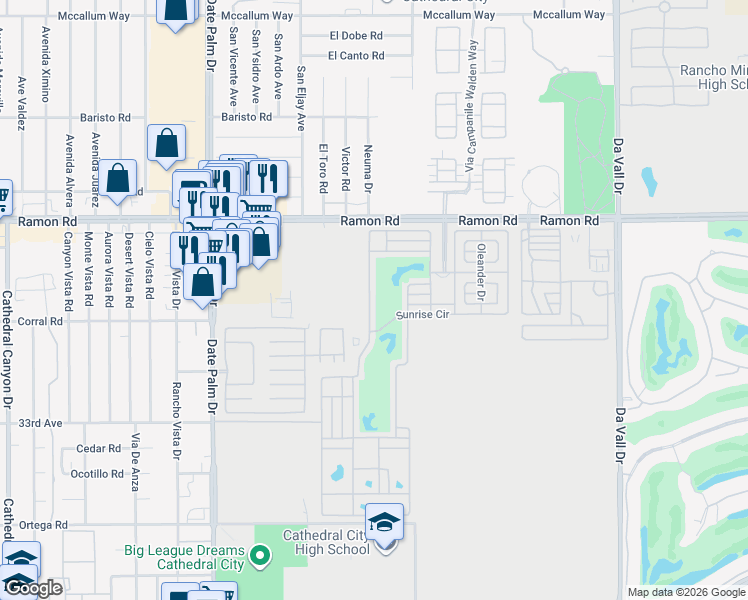 map of restaurants, bars, coffee shops, grocery stores, and more near 69411 Ramon Road in Cathedral City
