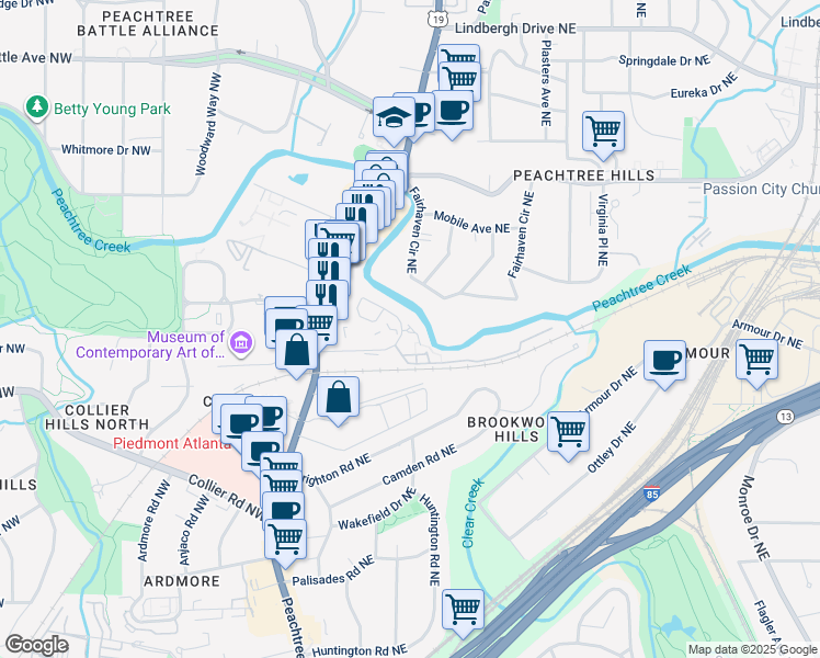 map of restaurants, bars, coffee shops, grocery stores, and more near 2602 Peachtree Park Drive Northeast in Atlanta