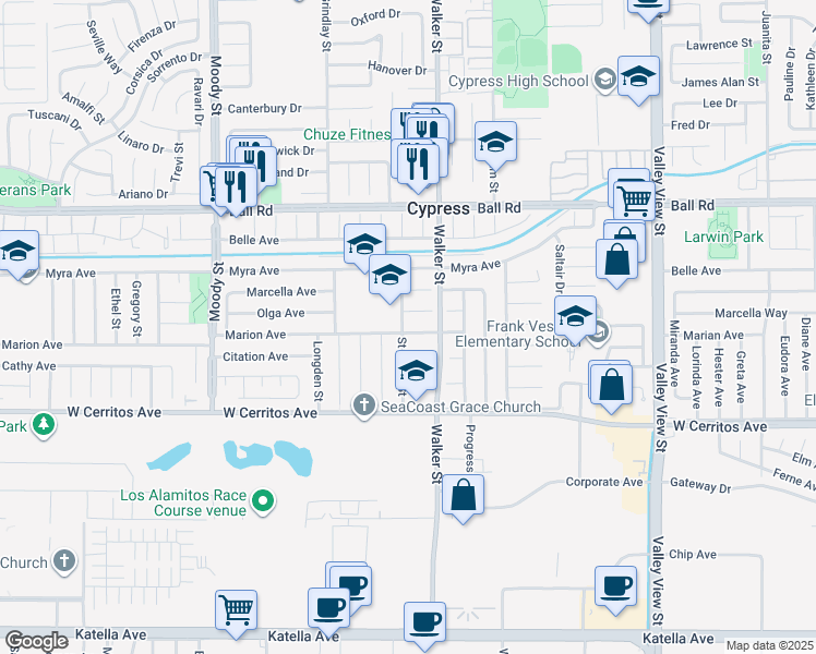 map of restaurants, bars, coffee shops, grocery stores, and more near 5431 Marion Avenue in Cypress