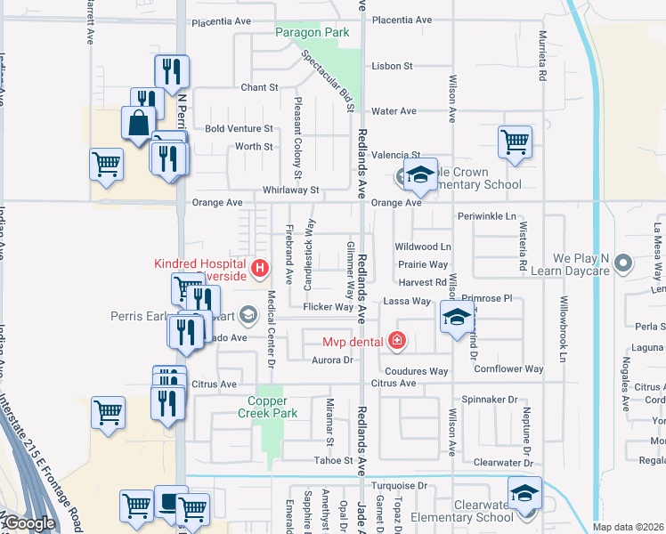 map of restaurants, bars, coffee shops, grocery stores, and more near 2220 Tinder Court in Perris