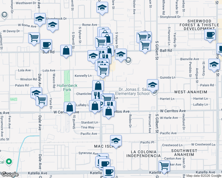 map of restaurants, bars, coffee shops, grocery stores, and more near 2533 West Chanticleer Road in Anaheim