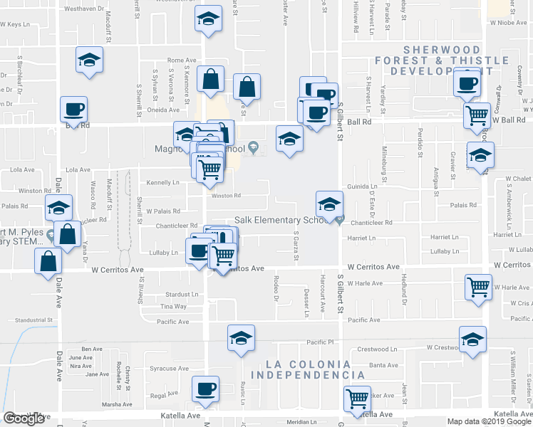 map of restaurants, bars, coffee shops, grocery stores, and more near 2487 West Chanticleer Road in Anaheim