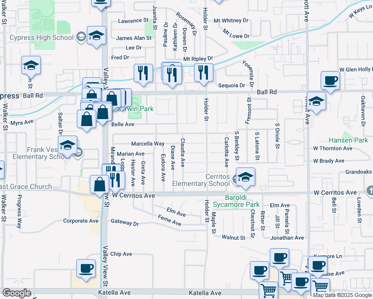 map of restaurants, bars, coffee shops, grocery stores, and more near 6401 Cecilia Circle in Buena Park