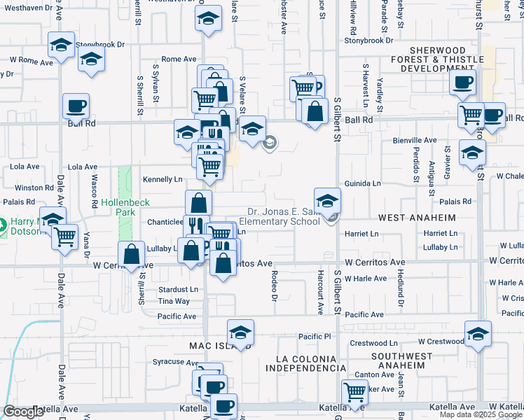 map of restaurants, bars, coffee shops, grocery stores, and more near 2487 West Chanticleer Road in Anaheim