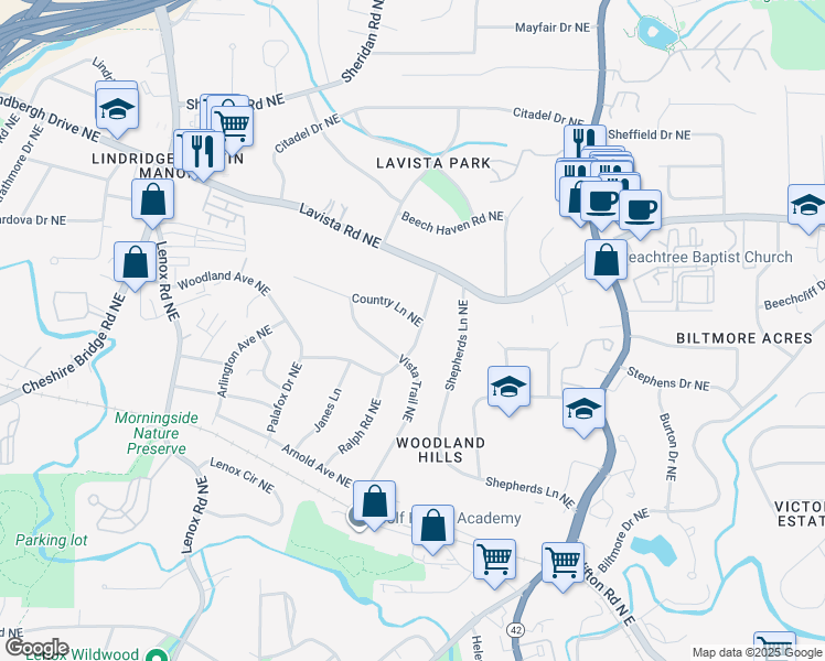 map of restaurants, bars, coffee shops, grocery stores, and more near 1412 Woodland Hills Drive Northeast in Atlanta